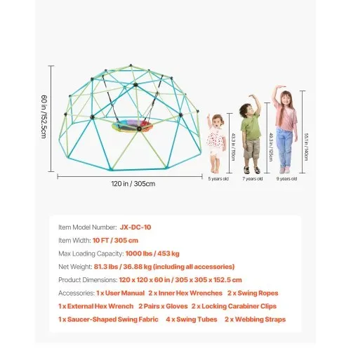 VEVOR Kletterkuppel geometrisches Klettergerüst (305 cm breit) mit Tellerschaukel, 453 kg belastbares Klettergerüst, Klettergerät für Kinder von 3 bis 10 Jahren Gartenspielzeug Spielplatz – Bild 6
