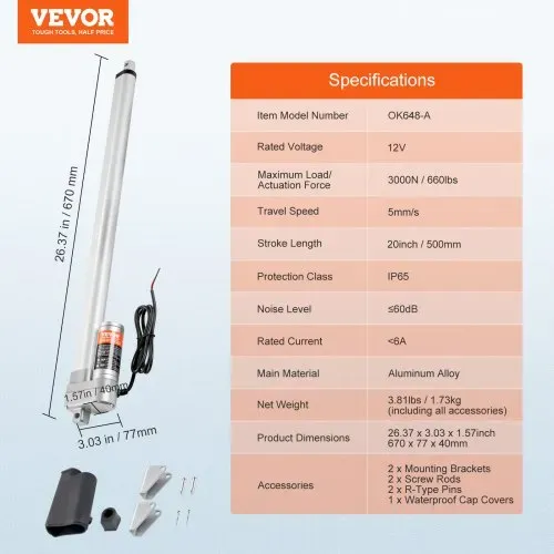 VEVOR 3000N Linear Actuator DC 12V Linearantrieb IP65 Elektrischer Linearmotor 500mm Hublänge Geräuschpegel ≤60dB Elektrische Türöffner 5mm/s Fahrgeschwindigkeit Lineartechnik Verstellantrieb – Bild 6