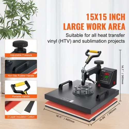 VEVOR Transferpresse 38 x 38 cm, Wärmepresse 220 V, Transferpresse 1200 W, Textilpresse 14 x 7,6 cm, Hemdenpresse Max. 250 °C, Sublimationspresse, Hobby T-Shirt Presse – Bild 3