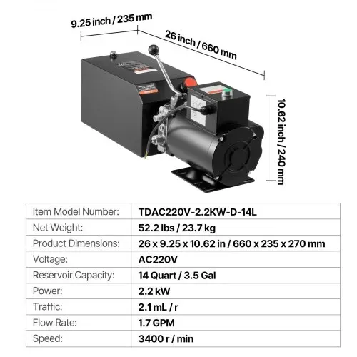 VEVOR 14 Qt Hydraulikaggregat einfachwirkende Stahlpumpe für Kippanhänger, 22 MPa max. Entlastungsdruck & 6,3 L/min Durchflussrate, Hydraulikpumpe mit Metallbehälter zum Anheben von Kippanhängern – Bild 6