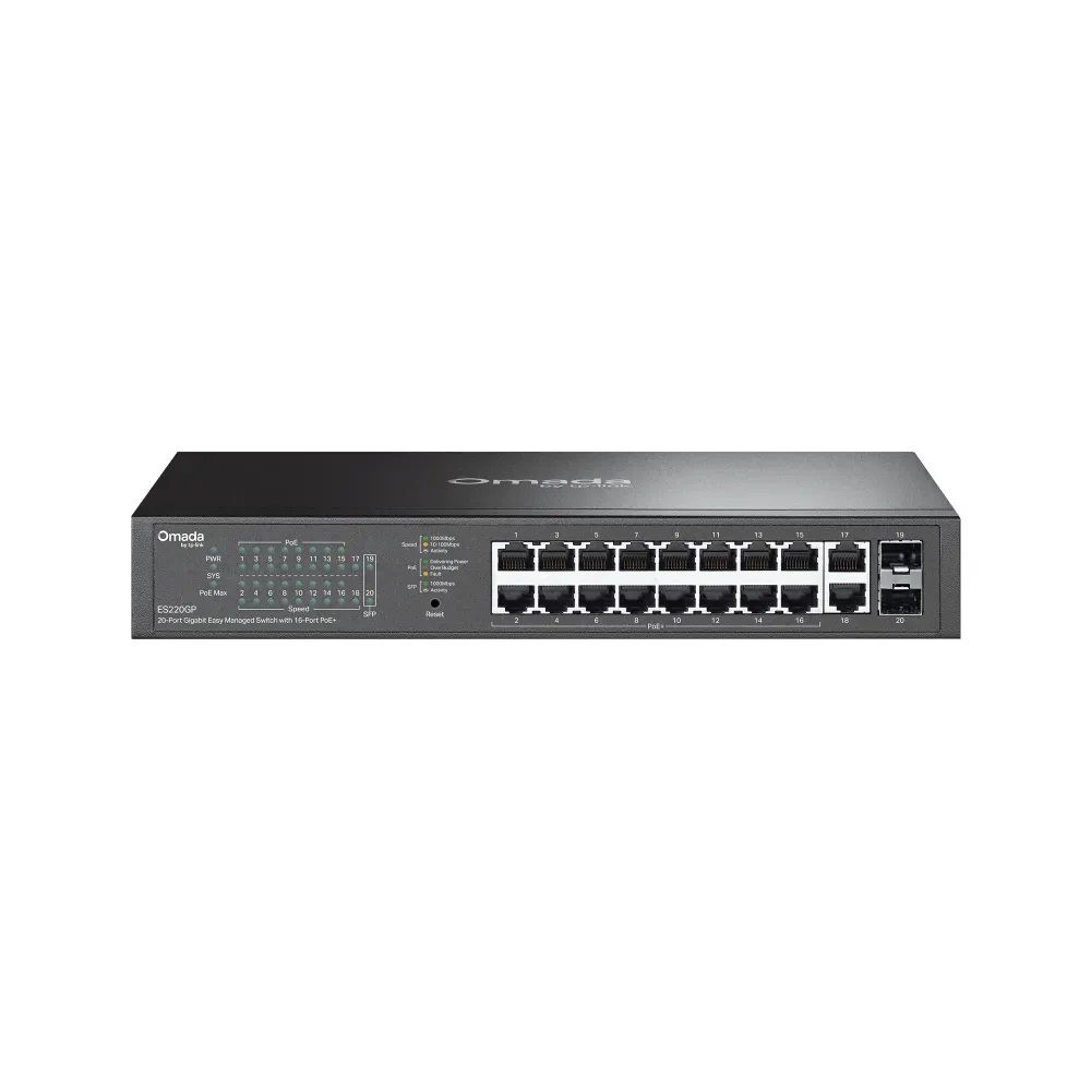 TP-Link Switch easy managed Layer2 20 Port • 18x 1GbE • 16x PoE af • 2x SFP • 150W PoE Budget • Lüfterlos • Omada • ES220GP TP-Link Switch easy managed Layer2 20 Port • 18x 1GbE • 16x PoE af • 2x SFP • 150W PoE Budget • Lüfterlos • Omada • ES220GP