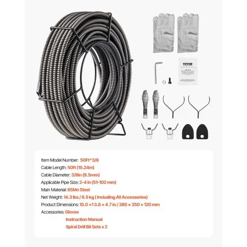 VEVOR Rohrreinigungsmaschine 390W Rohrreinigungsgerät Spirale 15 mm x 13 mm kompakter elektrische Abflussreiniger mit 8 auswechselbare Messer Schiebehülsenwerkzeug 51-102 mm für die Rohrinstallation – Bild 6