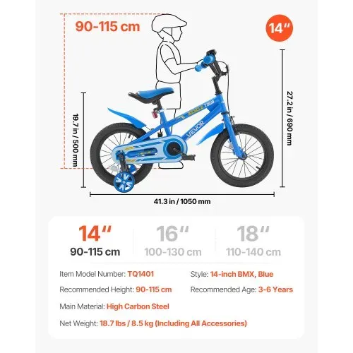 VEVOR Kinderfahrrad, 14 Zoll BMX-Stil-Fahrrad, empfohlene Kindergröße 95-116 cm, Stützräder inklusive, 4-8 Jahren Kinder, Kleinkinderfahrrad für Jungen und Mädchen zum Fahrradlernen, blau – Bild 6