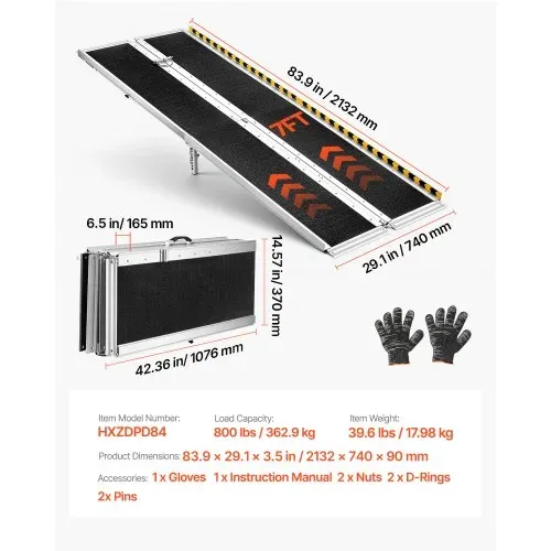 VEVOR Rollstuhlrampe Faltbar 2135x750mm, 362,9kg Belastbare Schwellenrampe mit Rutschfester Oberfläche & 110-210mm Verstellbaren Stützfüßen, Tragbare Auffahrrampe für Rollstuhl Türschwelle Bordsteine – Bild 6