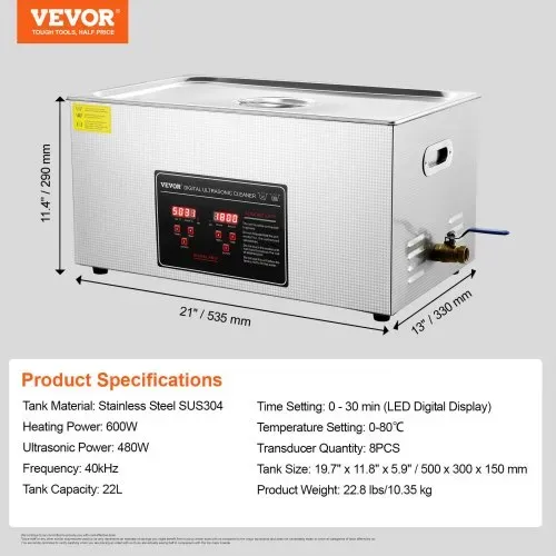 VEVOR Ultraschallreiniger Ultraschall Edelstahl-Reinigungsgerät 480 W, 22 L Ultraschallreinigungsgerät mit Digitaler Anzeige 0-30 Min, Reinigung Ultraschall für Schmuck, Brillen, Uhren usw. – Bild 6
