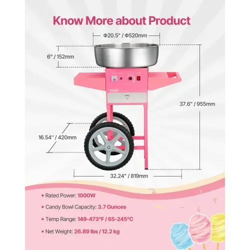 VEVOR elektrische Zuckerwattemaschine kommerzielle Zuckerwattegeräte mit Wagen (1000 W) mit 52 cm Edelstahlschüssel & Zuckerschaufel & Schublade, perfekt für Kindergeburtstage Familienfeiern Rosa – Bild 6