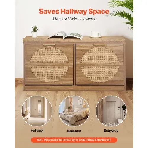 VEVOR Schuhbank mit 2 Klappen 200kg Schuhkipper Schuhkommode 980x240x515mm, für Flur Wohnzimmer Schlafzimmer, MDF-Schuhschrank mit 2 Flip-Schubladen, Gepolstertem Sitzkissen, Rattanoptik Naturholzfarbe – Bild 4