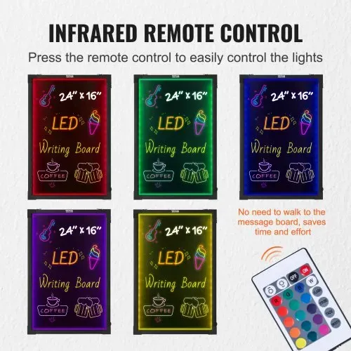 VEVOR LED-Nachrichtenschreibtafel, 24 x 16 Zoll große, beleuchtete, löschbare Kreidetafel, Menüschild mit Neoneffekt, Zeichentafel mit 8 fluoreszierenden Kreidemarkern und Fernbedienung, getestet nach UL-Standards – Bild 3