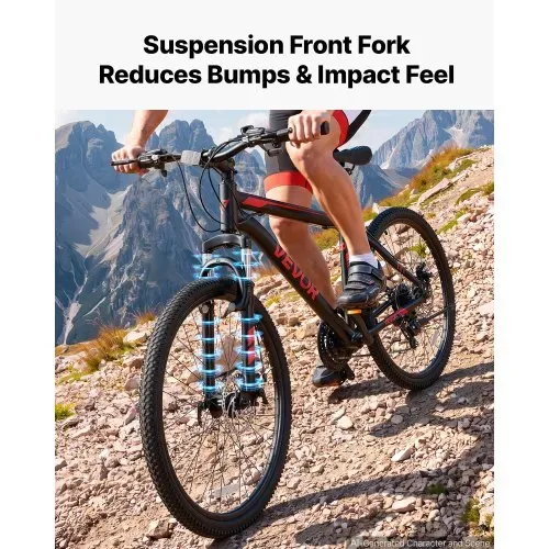 VEVOR Mountainbike für Damen Herren 26 Zoll Fahrrad 21-Gang Schwarz Rot Ideal für Erwachsene, Kohlenstoffstahlrahmen, mit Federgabel, 120 kg Tragkraft, Klingel, Reflektoren & Verstellbarem Sattel – Bild 2