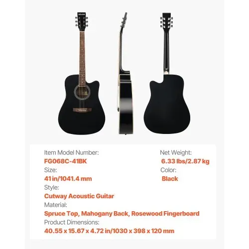 VEVOR Elektro Akustische Gitarre Cutaway Solo Anfängerpaket 1041,4 mm (41 inch) Schwarz – Bild 6