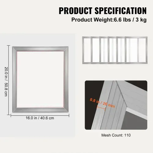 VEVOR Siebdruck Kit, 6 Stk. Aluminium Siebdruck Rahmen, 406,4 x508 mml iebdruck Rahmen mit 110 Count Mesh, Hochspannung Nylon Mesh & Dichtungsband für T-Shirts, DIY Druck usw. – Bild 6