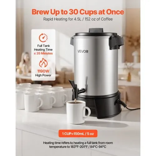 VEVOR Gewerbliche Kaffeemaschine, 30 Tassen, 4,5 l Heißgetränkespender mit tropffreiem Wasserhahn, 1190 W Schnellbrüh-Kaffeemaschine, automatische Temperaturregelung, für Catering, Partys, Kirchen und Restaurants VEVOR Gewerbliche Kaffeemaschine, 30 Tassen, 4,5 l Heißgetränkespender mit tropffreiem Wasserhahn, 1190 W Schnellbrüh-Kaffeemaschine, automatische Temperaturregelung, für Catering, Partys, Kirchen und Restaurants