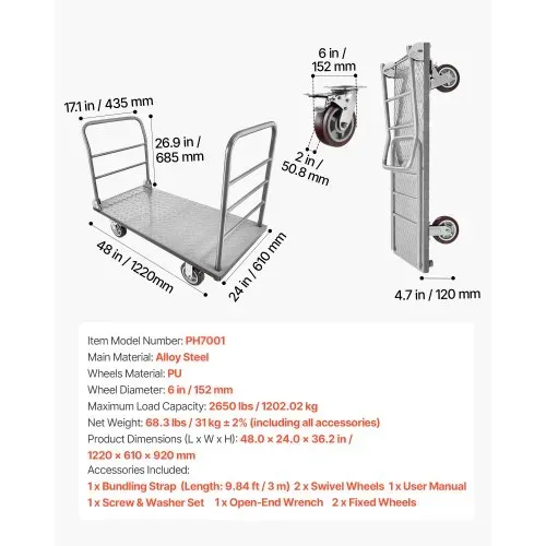 VEVOR Plattformwagen Klappbar 1202 kg, Schwerlast-Transportwagen mit abnehmbarem Geländer & Schwenkrädern, Industriewagen, für Supermärkte, Garagen & Lagerhallen, 1220x610x920 mm Rollwagen – Bild 6