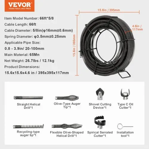 VEVOR Rohrreinigungsspirale 20 m x 16 mm, professionelles Rohrreinigungskabel mit 7 Schneidern für Rohre von 20 bis 100 mm, Hohlkern-Kanalisationsspirale für Spüle, Bodenablauf, Toilette – Bild 6