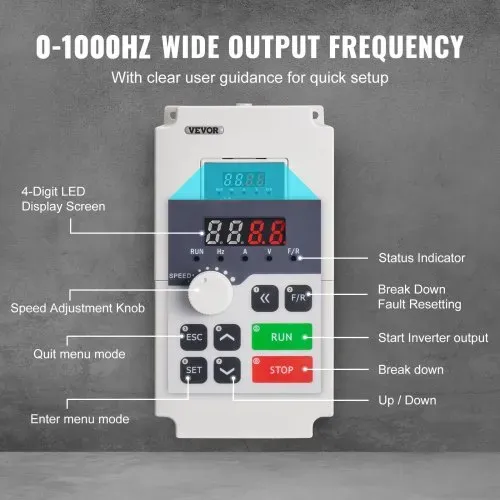 VEVOR VFD Frequenzumrichter 220 V, 4 kW 5,5 PS, VFD-Wandler, Variable Inverter, steuerbare Geschwindigkeit, Mehrfachschutz, Luftfeuchtigkeit 0-90 %, ABS-Material, Luftkühlungfunktion, Geräuscharm – Bild 2