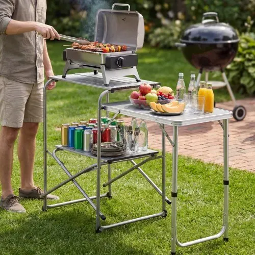 VEVOR Klappbarer Campingtisch, Campingkochstation mit Beistelltisch, Hitzebeständiger Tischplatte und Tragetasche, Tragbare Camping-Küchenstation Ideal für Picknick, Grillen und Wohnmobilreisen – Bild 7