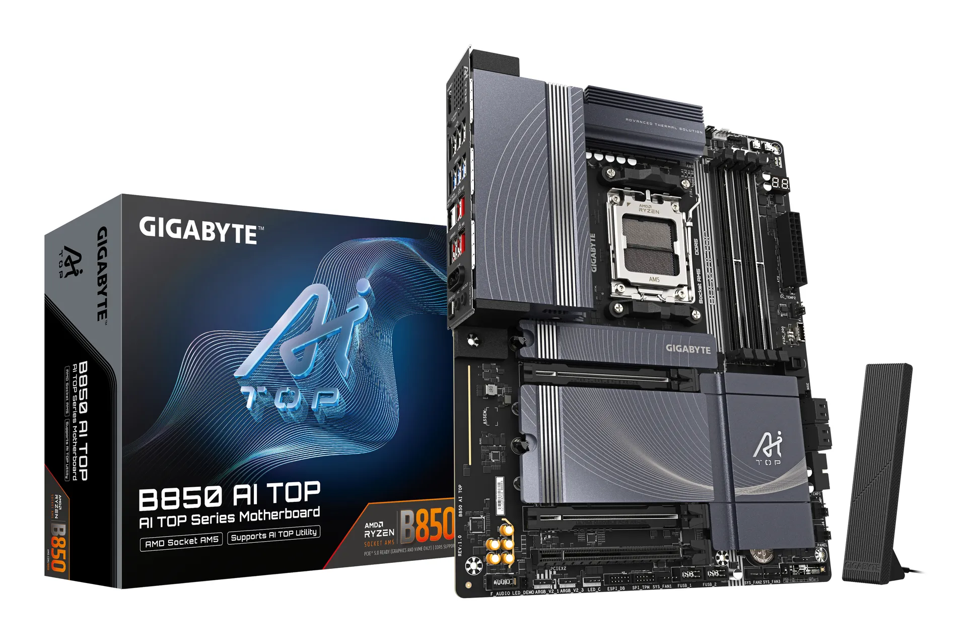 GIGABYTE B850 AI TOP Motherboard – AMD Ryzen 9000 Series CPUs, 16+2+2 Phasen Digital VRM, bis zu 8600MHz DDR5 (OC), 2xPCIe 5.0 + 1xPCIe 4.0 M.2, 10 GbE LAN, WIFI 7, USB 3.2 Gen 2×2 GIGABYTE B850 AI TOP Motherboard – AMD Ryzen 9000 Series CPUs, 16+2+2 Phasen Digital VRM, bis zu 8600MHz DDR5 (OC), 2xPCIe 5.0 + 1xPCIe 4.0 M.2, 10 GbE LAN, WIFI 7, USB 3.2 Gen 2×2