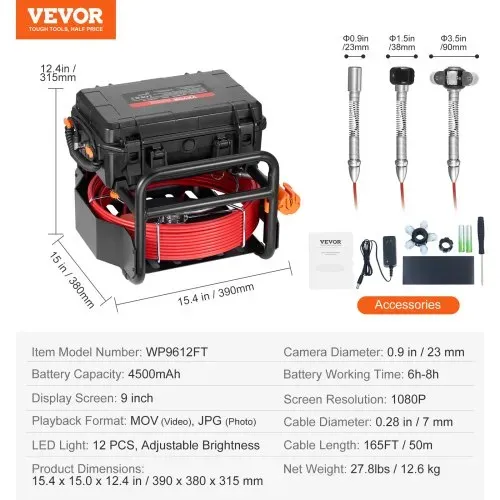 VEVOR Kanalkamera, 50 m, selbstnivellierende Rohrkamera mit 512-Hz-Sender, Entfernungszähler, 9-Zoll-Bildschirm, 1080P HD-Rohrinspektionskamera mit 12 LEDs und 32-GB-Karte, Endoskop Kanalrohre – Bild 6