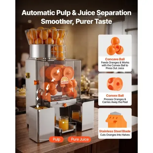VEVOR Gewerbliche Orangenpresse Edelstahl Zitruspresse 120 W PC-Abdeckung, Saftpresse für bis zu 20 Orangen pro Minute, Entsafter für Zitronen Zitrusfrüchte Granatäpfel mit 2 Schalenbehältern – Bild 2