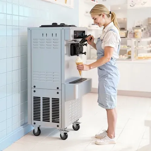 VEVOR Freistehende Softeismaschine 20-28 L/h, Speiseeisbereiter 2200 W, Gewerbliche Eiscrememaschine mit 3 Aromen & 2 x 6-Liter-Behältern & Vorkühlung & Warnfunktion bei Niedrigem Mischungsstand – Bild 7
