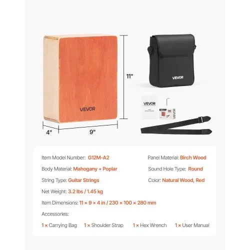 VEVOR Cajon, Kistentrommel, mit internen Gitarrensaiten, leichte Percussion-Box aus Holz, tragbares Trommelinstrument mit Reisetasche, verstellbarem Gurt, für Anfänger & Profis, 230x100x280 mm – Bild 6