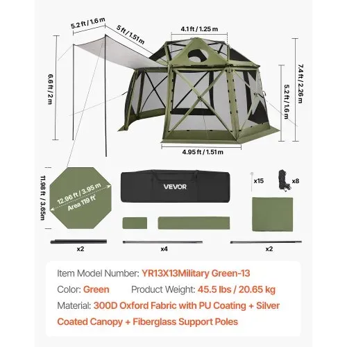 VEVOR Pop-up-Pavillon, 3,96 x 3,96 m, 13-seitiges, kugelförmiges Campingzelt mit abnehmbarem Dach & Tragetasche, 360°-Belüftung, Sonnenschutz, Partyzelt für 10–12 Personen, Grün – Bild 6