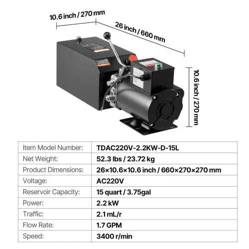 VEVOR Hydraulikpumpe Hydraulikaggregate AC 220 V, 15 Qt einfachwirkende Hydraulikeinheit, 6,3 L/min Ölfluss, max. Förderdruck 22 MPa für Muldenkipper Autowerkstätten Autohebebühnen, schwarz – Bild 6