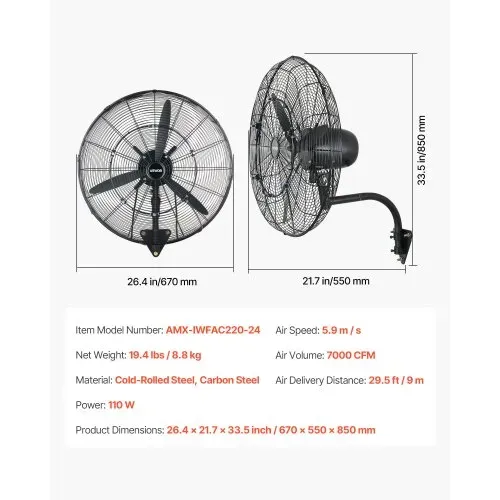 VEVOR 110W Industrieller Wandventilator 67cm, 7m/s Oszillierender Wandlüfter mit 3 Stufen Nebel & Verstellbarem Neigungswinkel, Gewerblicher Industrieventilator für Werkstatt Garage Lager Gym, Schwarz – Bild 5