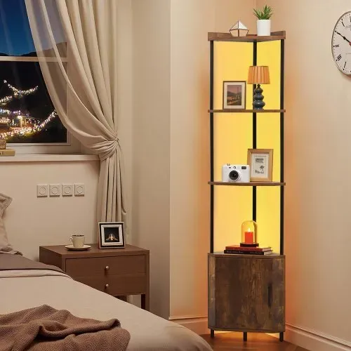 VEVOR Eckregal mit 5 Ebenen, Eckständer mit LED-Licht & Türen, Displayregal Lagerregal mit Metallrahmen & Holzregalen, Standregal Ausstellungsbücherregal für Schlafzimmer Wohnzimmer Büro Braun – Bild 7