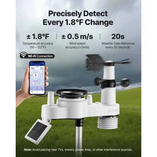 VEVOR 7-in-1 WLAN-Wetterstation, 7-Zoll-TFT-Display, solarbetriebener Außensensor, Wettercenter zur Wettervorhersage, Windgeschwindigkeit, Windrichtung, Temperatur, Luftfeuchtigkeit, Niederschlag – Bild 2