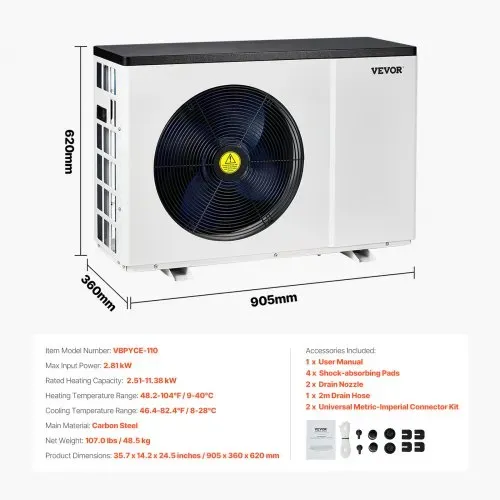 VEVOR Elektrische Pool-Wärmepumpe, 2,51–11,38 kW Heizleistung, energiesparende Poolheizungen mit variabler Frequenz für 25–50 m³ Aufstellpools, Heiz- und Kühlpool-Warmwasserbereiter AC 220–240 V 50 Hz – Bild 6