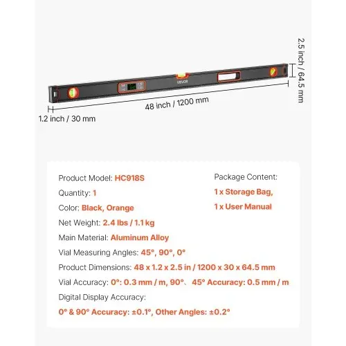 VEVOR Digitale Wasserwaage mit LCD-Display, 120 cm Richtwaage mit 3 Libellen 90°/45°/0°, Meganetische Maurerwaage mit IP54 Wasserschutz & 2 Batterien, 360° Messwerkzeug für Baustelle Hausrenovierung – Bild 6