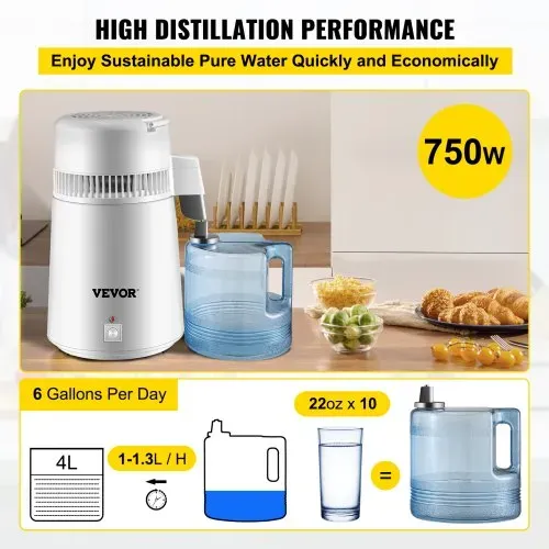 VEVOR Wasserdestilliergerät Trinkwasser, 750 W Wasser Destilliergerät 1,3 L/H Destilator Wasser Destilliergerät, 304 Edelstahl weißes Destilliermaschine mit Handgriff, Thermostat – Bild 3