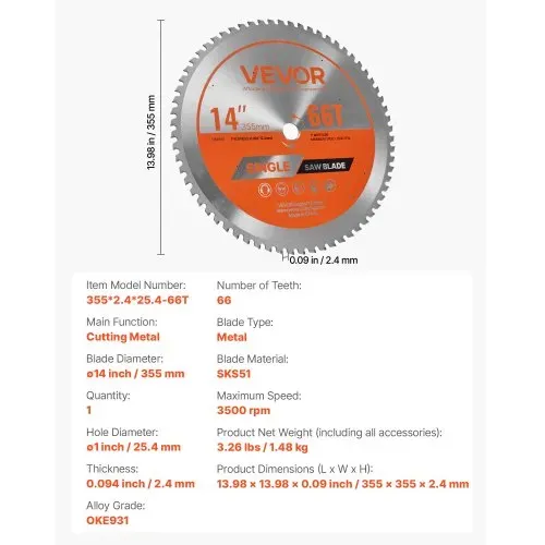 VEVOR Kreissägeblatt (355 mm φ & 66 scharfe Zähne & 2,4 mm Dicke) ideal für Metallschneiden, kompatibel mit Kreissäge, Sägeblatt aus legiertem Stahl mit geräuschreduzierenden Wärmeabzügen – Bild 6