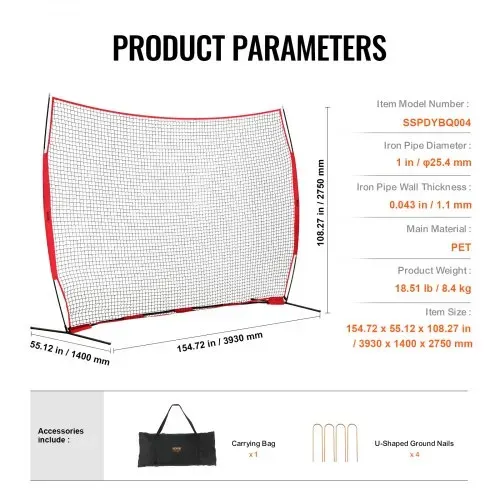 VEVOR Barrikaden-Backstop-Netz, 393 x 140 x 275 cm Ballsport-Absperrnetz, Tragbare Übungsausrüstung mit Tragetasche, Schutzschirm für Baseball-, Softball-, Lacrosse-, Fußball- und Hockeytraining – Bild 6