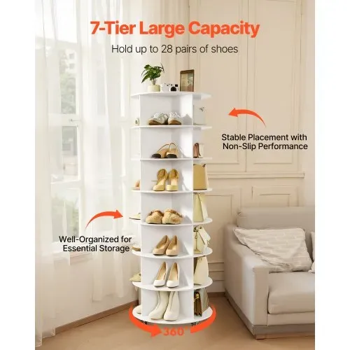 VEVOR Schuhregal Schuhschrank für 28 Paar Schuhe (7-stöckig) 360° drehbar, Schuhaufbewahrung mit Rollen, Schuhablage für Schlafzimmer Wohnzimmer Eingangsbereich, Weiß 598 x 598 x 1670 mm – Bild 3