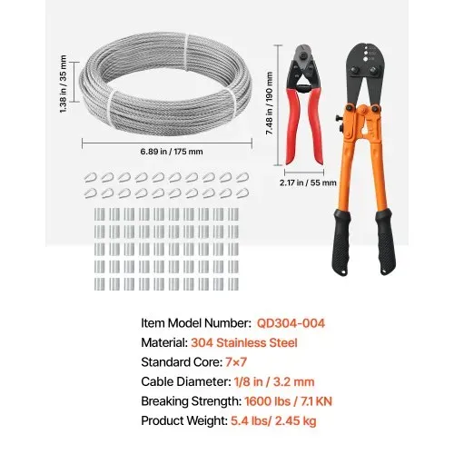 VEVOR Edelstahldrahtseil φ3,2 mm 30,5 m Länge, Drahtseil aus Edelstahl 304 mit einer Bruchlast von 7,1 kN, 7x7 Litzen, Stahlseil für Terrassengeländer, Gartenspaliere, inkl. Crimpzange – Bild 6