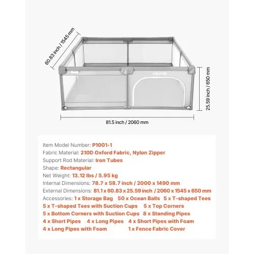 VEVOR Baby-Laufstall, 200x149 cm, Spielstall für Kinder, Zaun-Spielplatz für drinnen & draußen mit 50 Ozeanbällen, Tür mit Reißverschluss & atmungsaktivem Netz, Sicherheits-Aktivitätszentrum – Bild 6