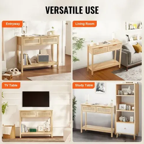 VEVOR Rattan-Konsolentisch mit 2 Schubladen, Rattan-Eingangstisch mit natürlicher Rattan-Schiebetür, Konsolen-Sofatisch für Wohnzimmer, Arbeitszimmer, Eingangsbereich oder Fernsehwand, Natur – Bild 5