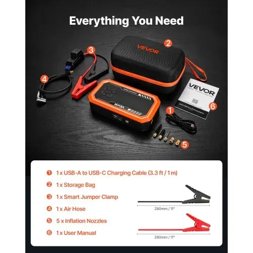 VEVOR Starthilfe Powerbank 3000 A Tragbares Starthilfegerät Starter Booster für 9 L Benzin und 6,5 L Dieselmotoren, 150 psi Reifendruck, LED-Taschenlampe, Automatische Abschaltung und 12 V Ladegerät – Bild 5