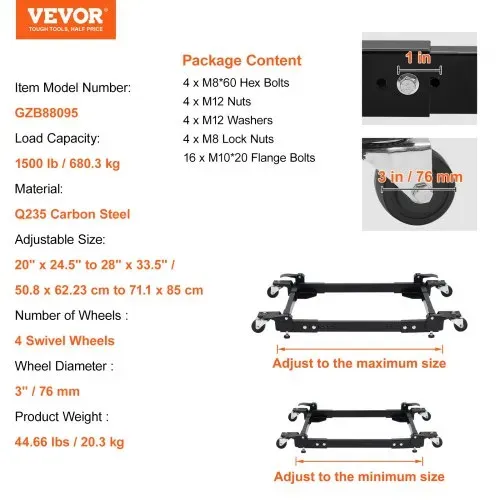 VEVOR Mobile Basis, 1500 lbs Kapazität, einstellbar von 20" x 24,5" bis 28" x 33,5", robuste universelle mobile Basis mit 4 Lenkrädern, für Holzbearbeitungsgeräte, Bandsäge, Elektrowerkzeug, Maschine – Bild 6
