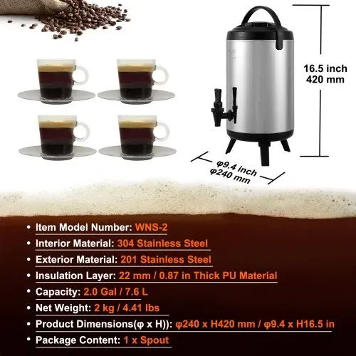 VEVOR Heiß- und Kaltgetränkespender Getränkespender 7,6 L, Edelstahl Heiß- und Kaltwasserbrunnen Getränkespender mit Zapfen & Tragegriff für Kaffee, Wasser, Saft Isolierkanne für Cafés, Bars – Bild 6