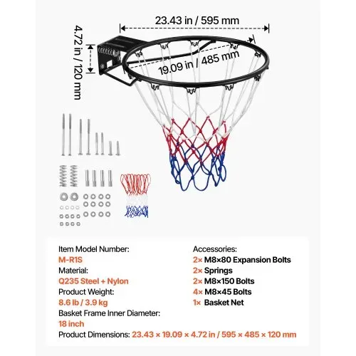 VEVOR Basketballkorb Hangring Basketballring 485 mm, Basketball Basketballring Netz 595 x 485 x 120 mm Qualität-und Sicherheitsgeprüft Indoor & Outdoor, Universal Stabiler Basketballkorb Orange – Bild 6