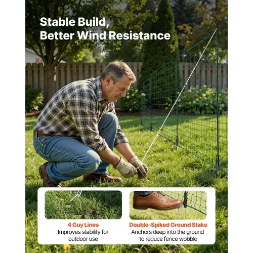 VEVOR Begrenzungszaun 25x1,25 m, Weidezaun aus PE, Mobiler Hundezaun mit Doppelspitzenpfählen & Abspannseilen, Hühnerzaun, Gartenzaun, Campingzaun für Hunde, Hühner, Pflanzen, Außenbereiche – Bild 4