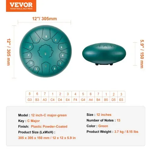 VEVOR Zungentrommel 305mm, Steel Tongue Drum 13 Noten, Stahltrommel C-Dur-Tonart, mit 2 Schlägeln & Tragetasche, Handpan-Trommel, Schlaginstrument für Musikunterricht & Yoga, Grün – Bild 6