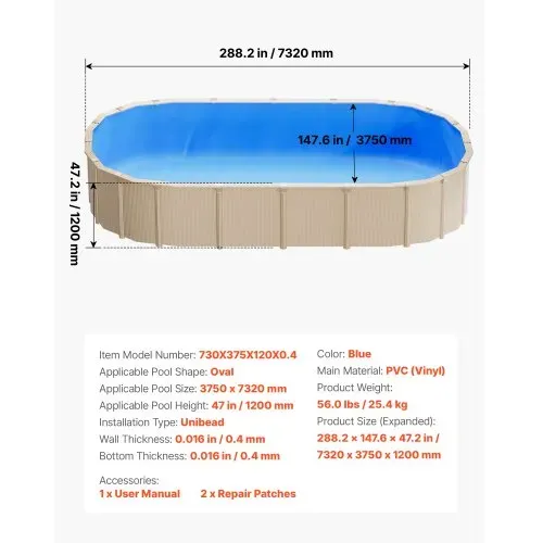 VEVOR Poolinnenfolie, 3,75x7,32 m Poolfolie für 120 cm Wandhöhe, Schwimmbadfolie aus PVC, Innenhülle 0,4 mm Stärke, Ersatzfolie UniBead, Geeignet für Oberirdische Pools mit Stahlwänden, Blau – Bild 6