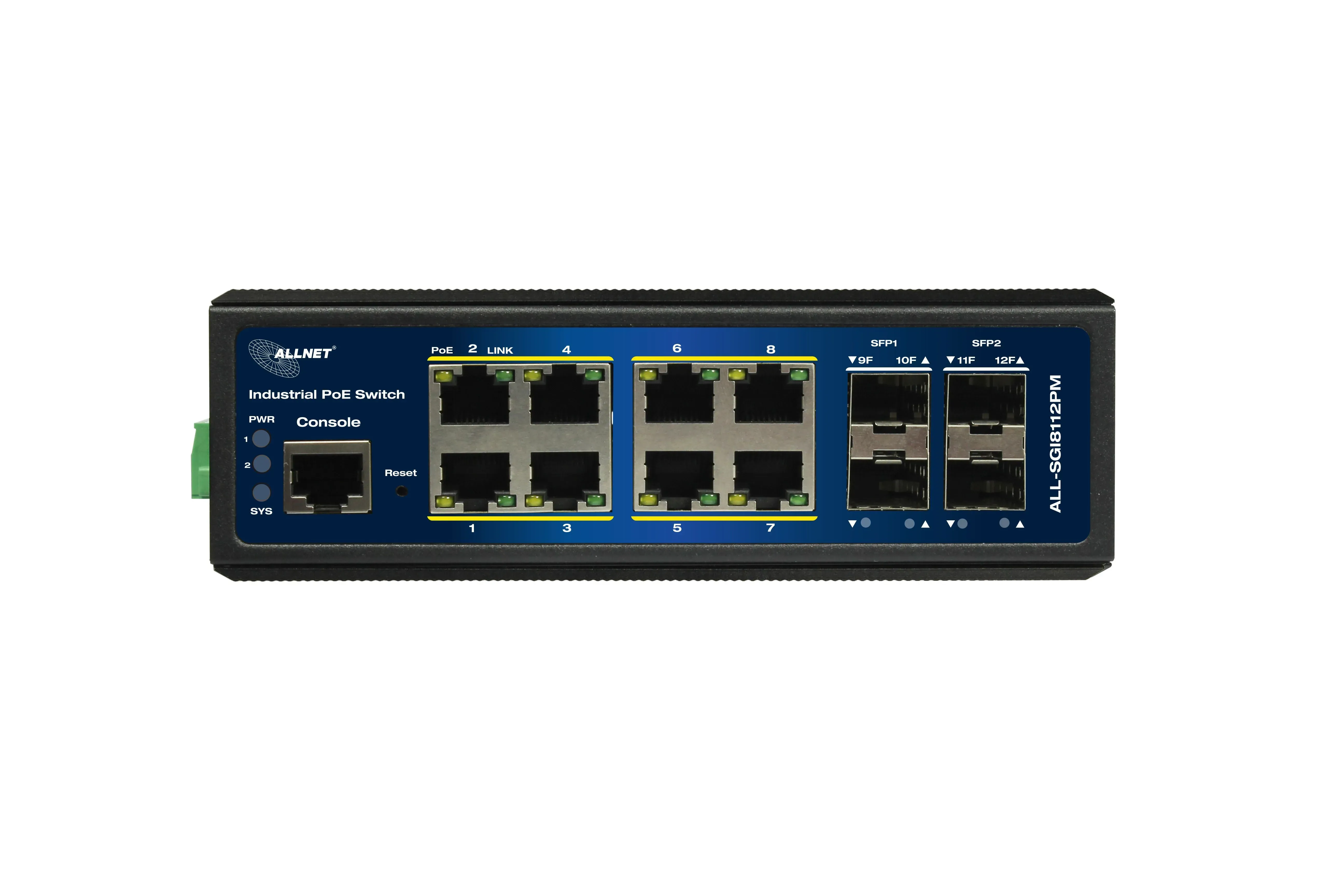 ALLNET Switch industrial full managed Layer2+ 12 Port GbE • PoE Budget 240W • 8x PoE at • 4x SFP • Lüfterlos • DIN • JSON API • ALL-SGI8112PMJ – Bild 3