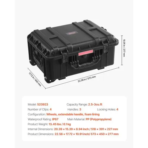 VEVOR 2,5 Kubikfuß Hartschalenkoffer, Hartschale Trolley Koffer mit Rollen & einziehbarem Ziehgriff, IP67 wasserdichte Schutzhülle mit 4 Clips, 4 Vorhängeschlosslöchern und Schaumstoffeinlage – Bild 6