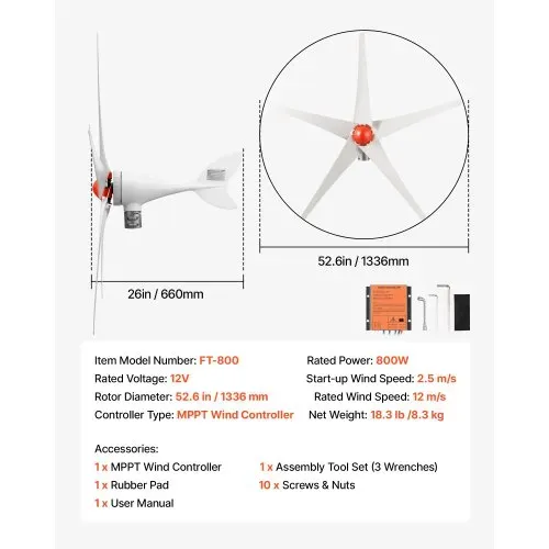 VEVOR 800W 12V Horizontale Windkraftanlage Windturbine mit MPPT-Laderegler, 5 Rotorblätter, 3-Phasen-Wechselstrom, IP67 & Überladeschutz, Windgenerator für Wohnhaus Bauernhof RV Marine & Inselsystem – Bild 6