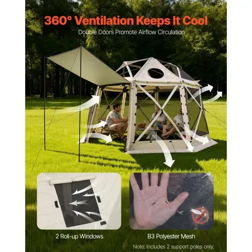 VEVOR Pop-up-Pavillon 3,6 x 3,6 m, 13-seitiges, kugelförmiges Campingzelt mit abnehmbarem Dach & Tragetasche, 360°-Belüftung Sonnenschutz, Partyzelt für 8–10 Personen, Beige – Bild 5